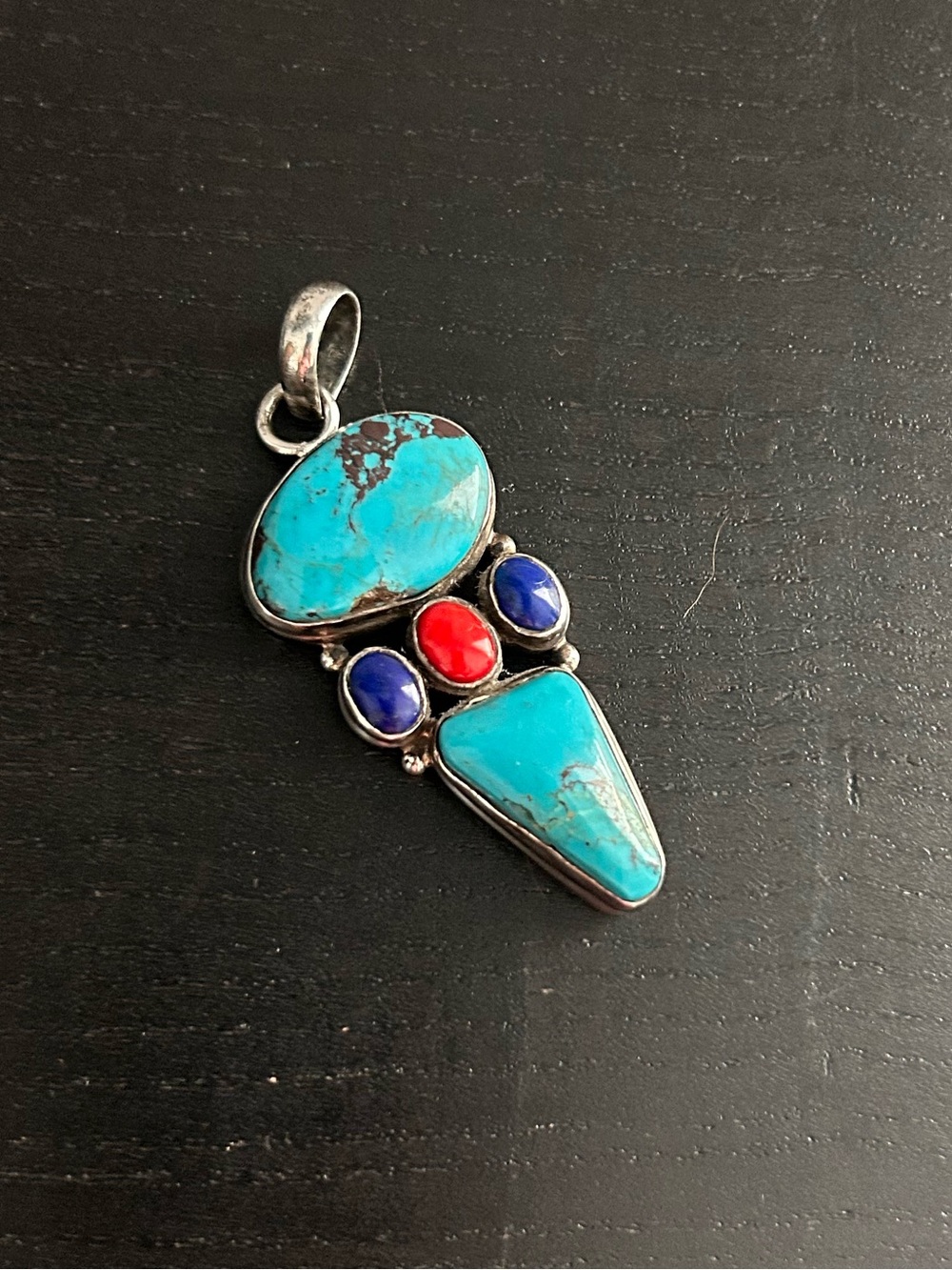 Sterling Silver Turquoise, Blue, and Red Multi-Stone Southwestern Pendant 22.2 g